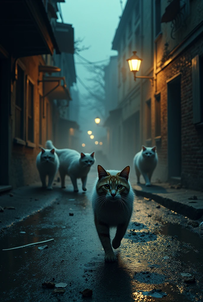 Cat runs down dark alley while in the distance three white cats fight with a yellow cat