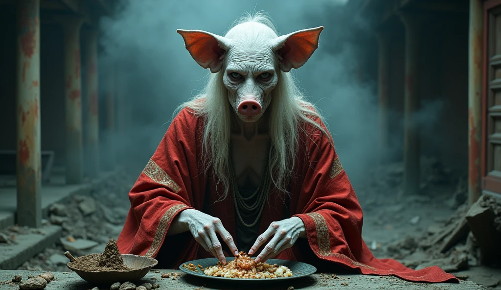 Top quality, masterpiece, old oriental shabby house background, 500 year old oriental female shaman, shaman performing a ritual, old oriental background, detailed image texture, creepy, horror, creepy atmosphere (not AI image), cloudy weather, fog, low color image, creepy, character filling the screen, image viewed from various angles, delicate skin expression, wrinkled skin, bloodless skin (grayish), wearing complex red clothes, in front, shaman with heavy white makeup, wearing shaman clothes, pig face and food in front