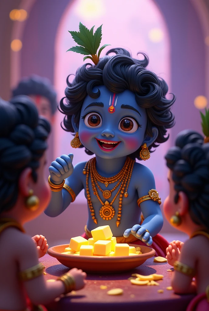 Blue Shree krishna stealing makhan and ate it with purple light on his face by title ' Happy Janmastami ' with his friends Happy Janmastami 