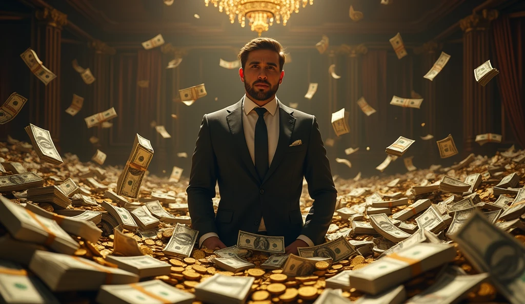 A person is inthe middle of money