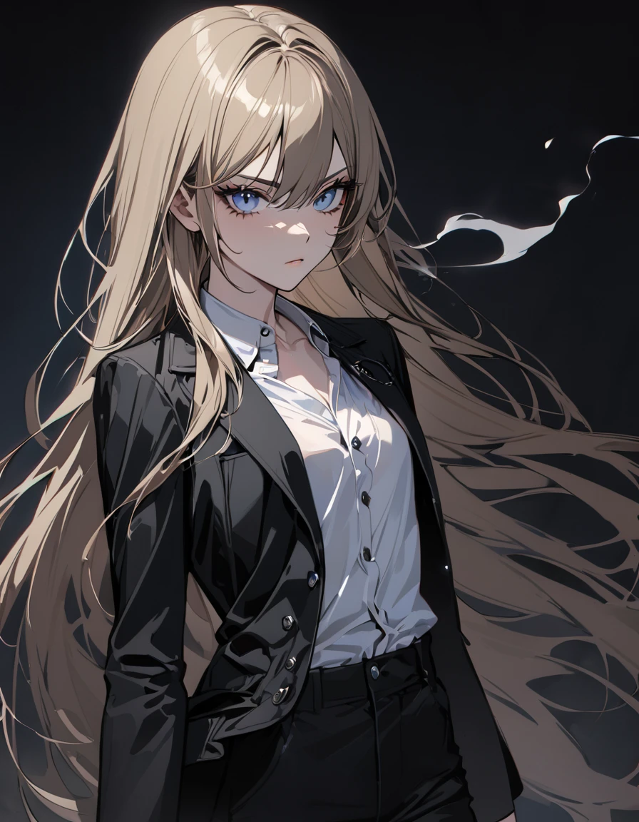 (masterpiece)、(absurdres)、(ultra detailed)、(8k),((solo lady),(dark blonde hair:1.2),(straight long hair:1.1),BREAK,shiny blue eyes,BREAK,black suit,black pants,BREAK,(athletic),(flat chest),(Pierce:0.9),(bracelet:0.8),Smoke:1.4,cigarette:1.3,Serious,potrait shot:1.1,simple darkness background,in the darkness:1.2,