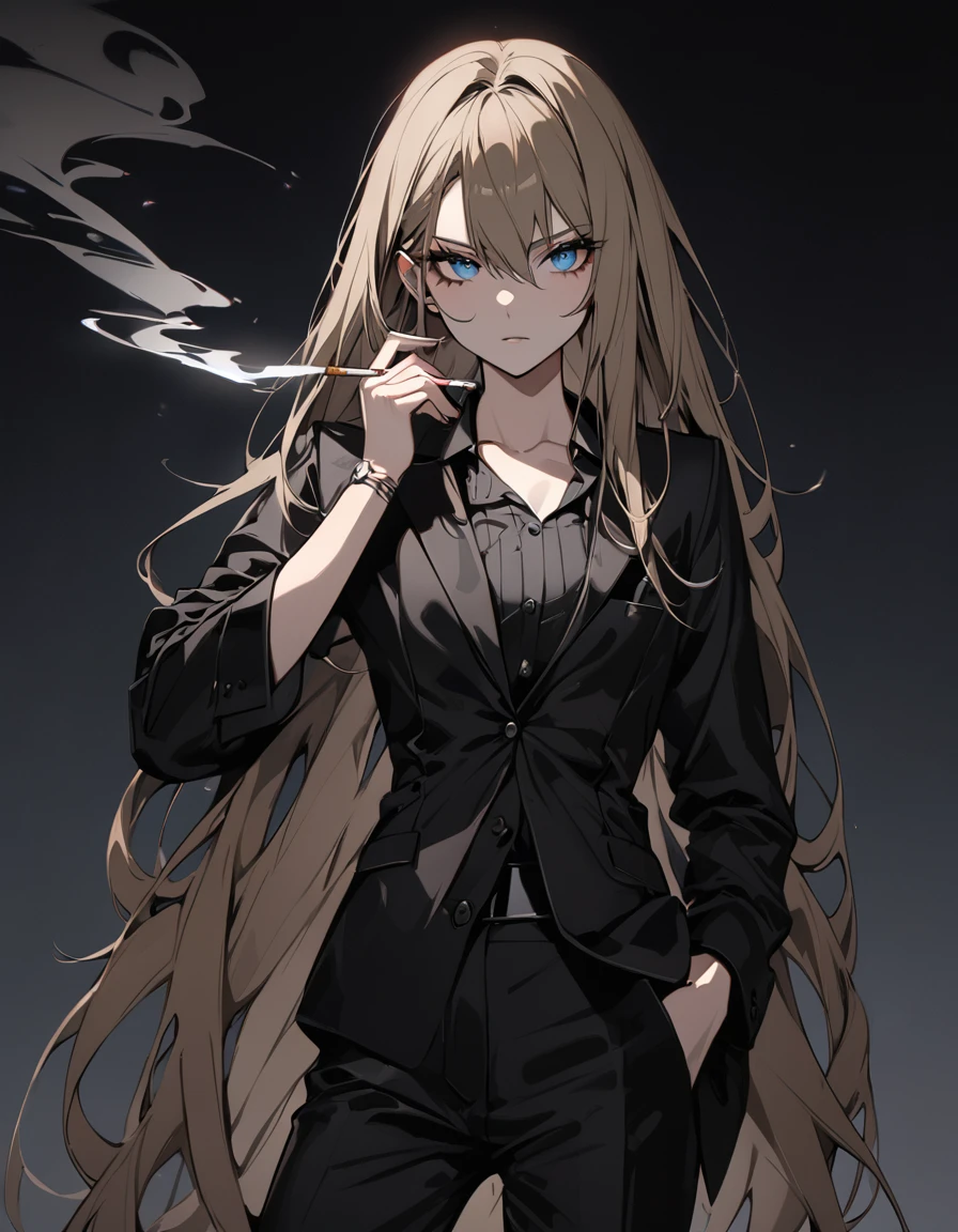 (masterpiece)、(absurdres)、(ultra detailed)、(8k),((solo lady),(dark blonde hair:1.2),(straight long hair:1.1),BREAK,shiny blue eyes,BREAK,black suit,black pants,BREAK,(athletic),(flat chest),(Pierce:0.9),(bracelet:0.8),Smoke:1.4,cigarette:1.3,Serious,potrait shot:1.1,simple darkness background,in the darkness:1.2,