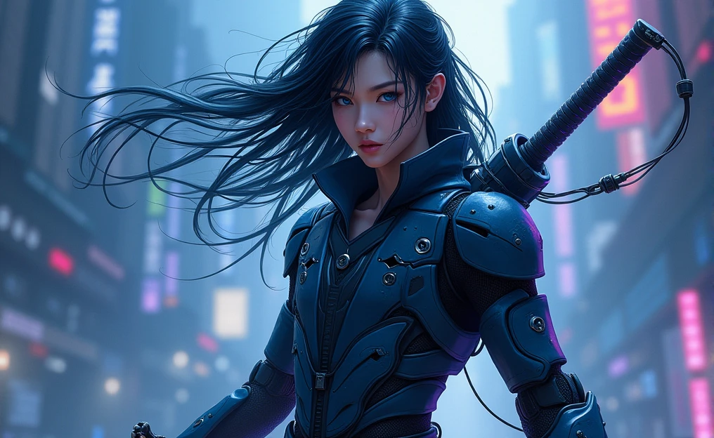 The figure of a young Asian male showing strength and determination, with long dark hair gathered with mobility like water, almost unreal pale complexion and robotic clothing carrying a katana, Deep blue eyes, The background is cyberpunk in deep blue and purple colors