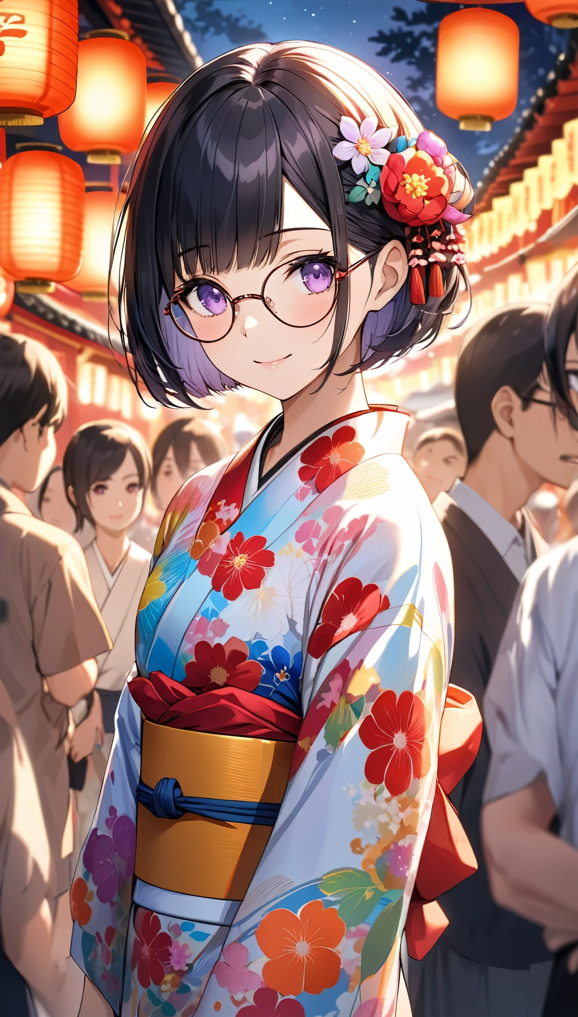 Highest quality、Best image quality、masterpiece、Anime Style、a girl、Beautiful Eyes、black hair, purple eyes、Short bob cut、(sideburns), middle part, (flat chest)、slender、Tight waist、Round Glasses、Beautiful Face、Natural smile、red cheek、night、A large number of people、Japan Shrine Festival、((Colorful floral kimono))、Long flower hair ornament、Shallow depth of field, cowboy shot, from the front