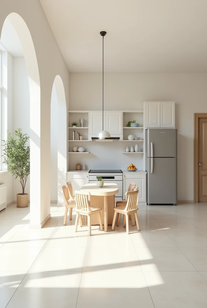 a beige kitchen with white tile floor, a large dining room with small chairs and an island with a white stove, Very spacious white shelves and a grey refrigerator