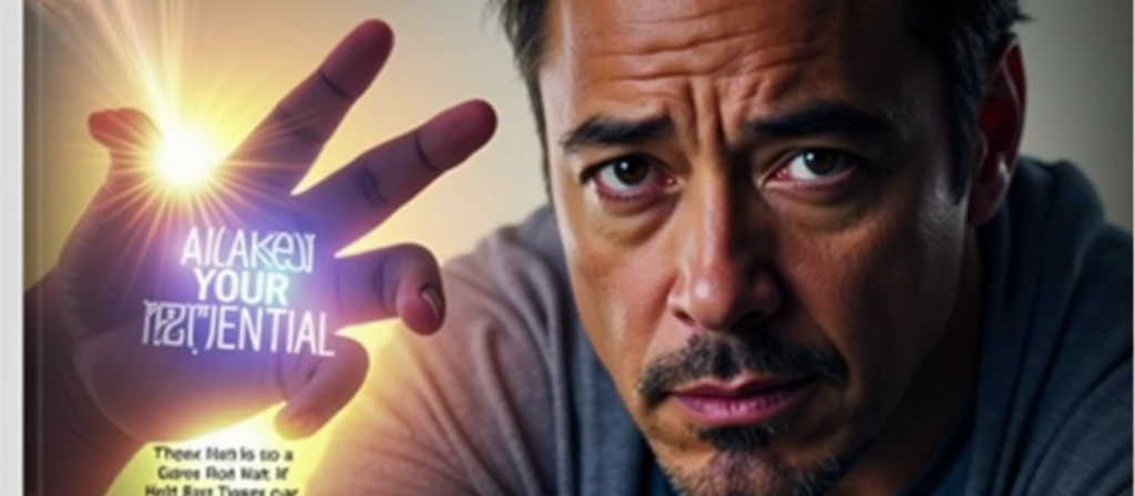 Description of the cover:
imageio: Robert Downey Jr. with a confident and inspiring expression, perhaps in a powerful pose or with a determined look. It should be on a vibrant background that makes your image stand out., like a warm color gradient (rot, orange and yellow) that transmit energy and passion.
texto:
Main title: “Awaken Your Potential!” Subtitle: “Motivation and Overcoming with Robert Downey Jr..” Font and Colors:
Use a big, bold font for the title, with a bright white or yellow color to contrast with the vibrant background.
The subtitle can be in a smaller font and in a complementary color., like a shade of blue or dark gray.
Additional Elements:
Add a slight glow or lighting effect around Robert Downey Jr.. to draw more attention.
Include a small star icon or progress chart in the bottom corner to reinforce the idea of success and achievement.