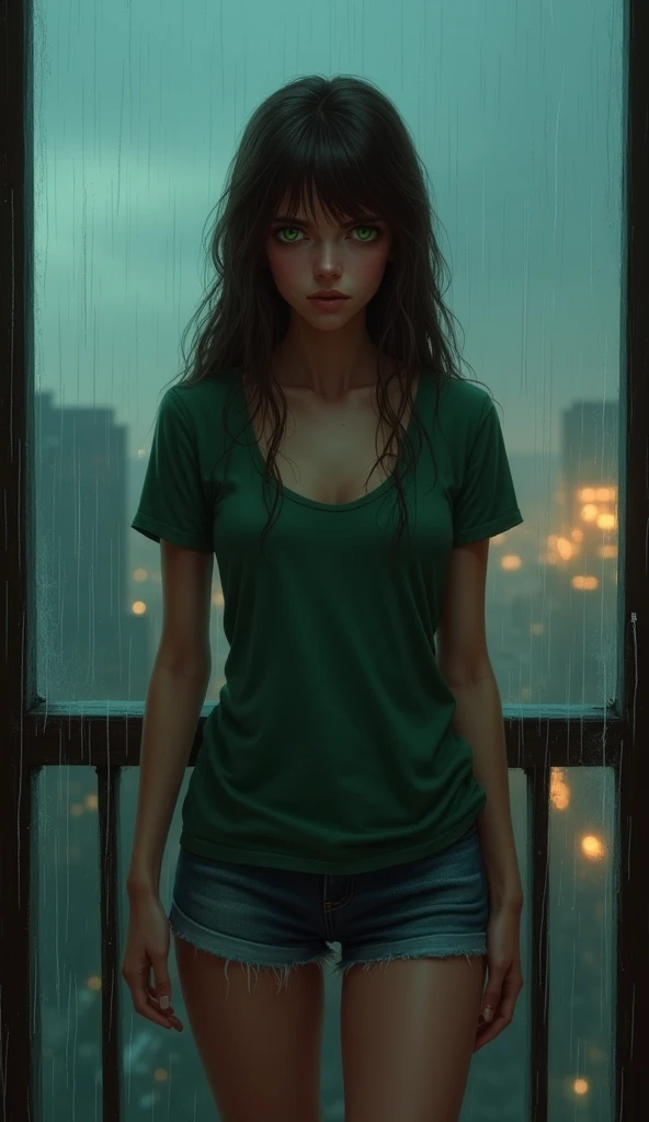 -High quality- -masterpiece- A beautiful woman, very cute, with long dark brown hair, green eyes, dressed in a green t-shirt, jean shorts, huge breasts, on the balcony with a sad expression , rainy night