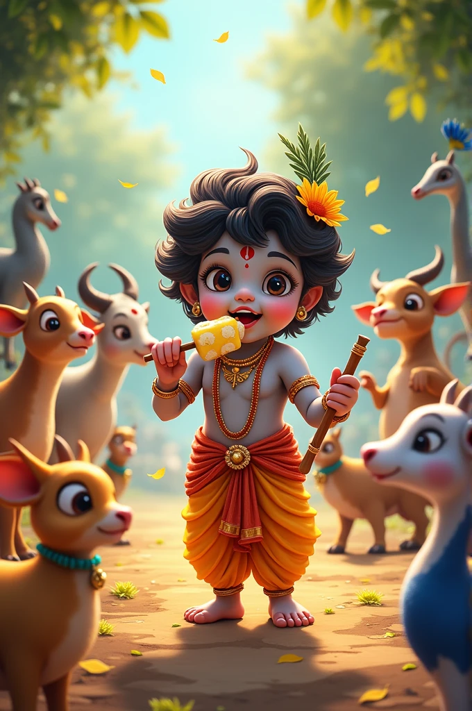 Create Janmashtami poster
Litel krishna eat makhan
There friends are standing near krishna
Some animels are also standing
And in krishna's hand one flute