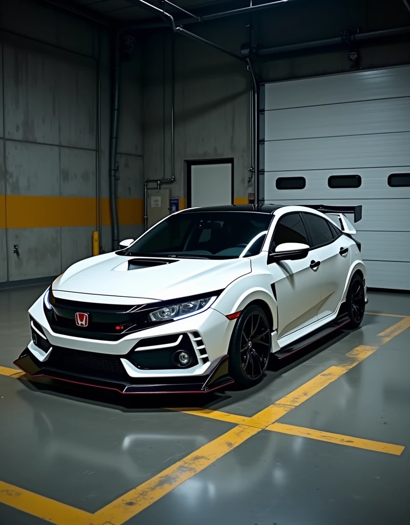 Image showcases a high-performance, modified white sedan parked inside a dimly lit garage. The car features a sleek, aerodynamic body kit with a prominent front splitter, side skirts, and a rear spoiler. The vehicle sits on low-profile, black alloy wheels with a multi-spoke design, and the tires appear to be performance-oriented. The garage has a concrete floor with yellow safety lines, and the background includes a large, closed garage door with multiple rectangular windows. The lighting highlights the car's glossy finish and aggressive stance, emphasizing its sporty modifications.