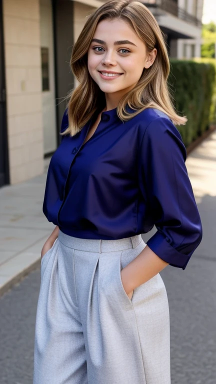 Josephine Langford wearing clothes made of elegant fabrics and smiling