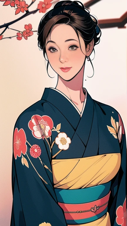 1,Japanese hairstyle,Photorealism,detailed,masterpiece,mature,((full)), (Broad shoulders), ((Huge)),(Beautiful long-sleeved kimono,Kimono,smile,masterpiece,high qualityのAn illustration,, An illustration:Zoe Mozart, pin up art byZoe Mozert, ヴィンテージpin up, ゾーイ・モザートによるAn illustration, girl pin up, pin up girl, pin upポスターガール, pin upガール, pin up, pin upガール,30 years old、high quality,Are standing,High Resolution 4K Information,Kyoto,Cherry tree,