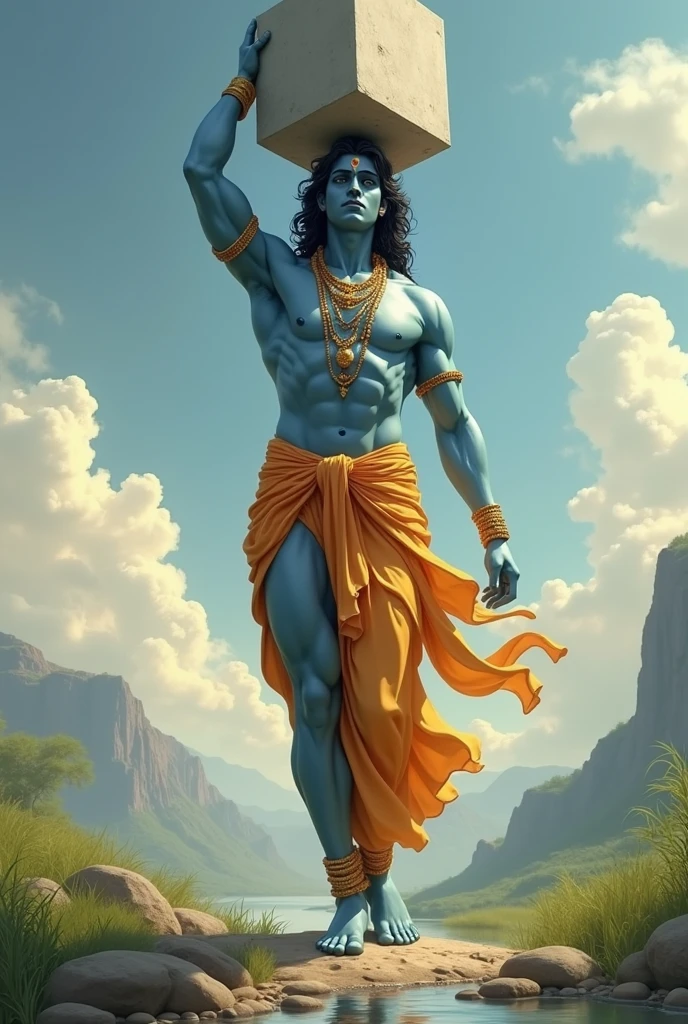 A beautiful picture of lord shri krishna, standing, one hand on waist, and in another hand he uphold a big concrete block just with his pinky finger, above in air, dont make ot look like body builder 