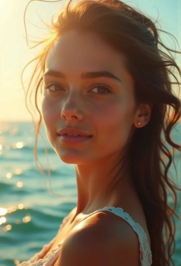 A pretty girl applying sunscreen with her hands , aesthetic , minimalistic, hyper realistic, cinematic, super realistic, 8k quality, HD quality, super detailed , ultra detailed, minimalist , pinterest images