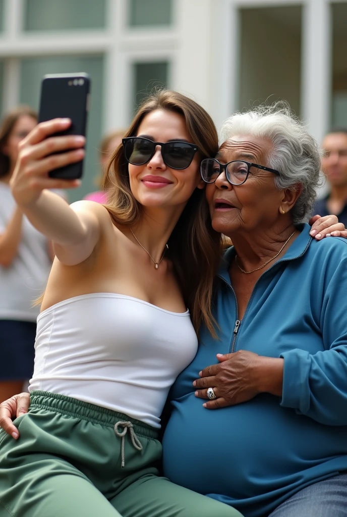 Create a photo of a 20 year old young woman, with a slender and beautiful body, wearing a white strapless dress and wearing green sweatpants, with white and clear skin, with long light brown hair wearing sunglasses and making funny faces holding cellphone taking selfie while sitting on legs on lap of elderly black lady, 90 years old, dark black skin, obese woman wearing glasses and wearing a blue dress in a square