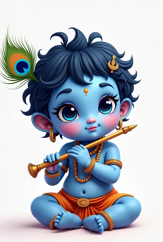 God Krishna as a cute small baby. on has head the feather of peacock,in one hand flute.but in cartoon way . The body colour is blue. Without background 
