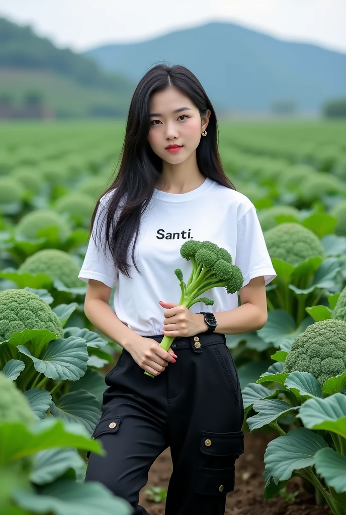 A beautiful Korean girl, smooth white skin, well-groomed face, long straight black hair, posing in a very fertile and beautiful broccoli field. Holding broccoli, black clothes, white t-shirt with the Santi logo, cool black watch, knee-length cargo pants, white shoes, waterfall mountain background, original photo, realistic