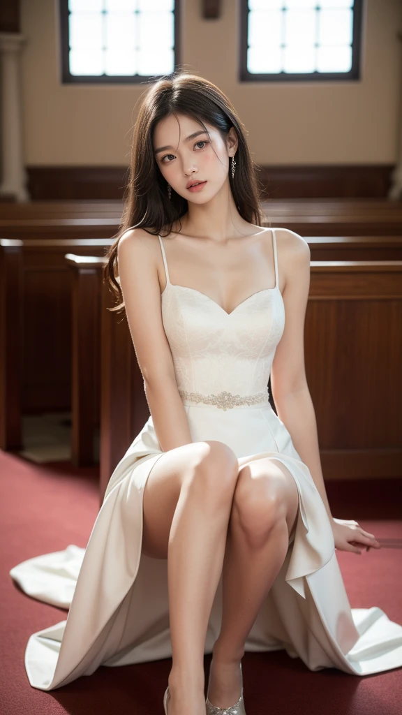 Beautiful 25 year old woman。She is wearing a wedding dress. She is smiling on illuminated by the evening church lights . romantic sunset. her dark brown hair. High resolution、masterpiece、highest quality、頭w:1.0、((Hasselblad Photos))、fine skin、(movie lighting)、clavicle . full body picture.