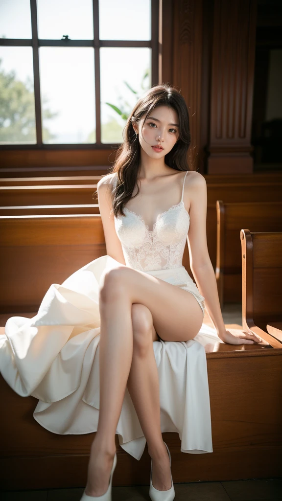Beautiful 2 tall and slender woman。perfect legs. perfect face. She is fashion model. She is staying in the old classic church. She is wearing a wedding dress. Her one leg is visible and the other is hidden by the dress. She is illuminated by sunset light. the evening church lights is on . her dark brawn hair. High resolution、masterpiece、highest quality、頭w:1.0、((Hasselblad Photos))、fine skin、(movie lighting)、clavicle . full body picture.