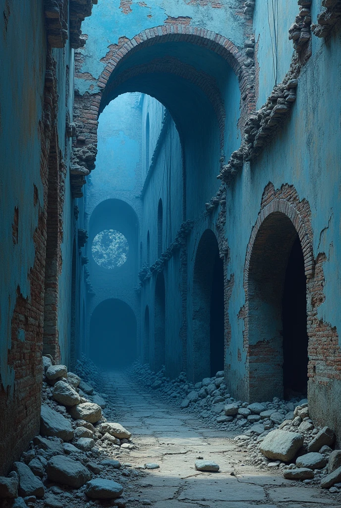 Renaissance painting, walls of a house conveying an imminent end, predominant blue tone.