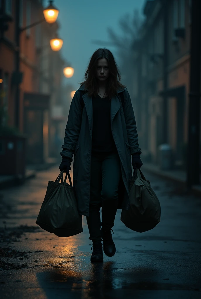 Dark image of a young woman walking with several bags 