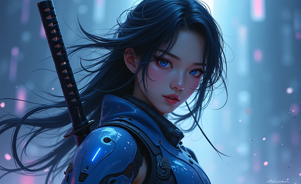 The figure of a young Asian male showing strength and determination, with long dark hair gathered with mobility like water, almost unreal pale complexion and robotic clothing carrying a katana, Deep blue eyes, The background is cyberpunk in deep blue and purple colors