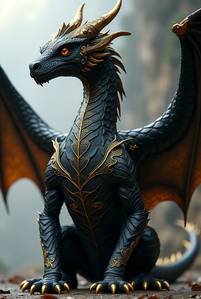 A full-body black dragon with wings with gold veining and edging details, in addition to golden geometries on its black dragon body with golden details 