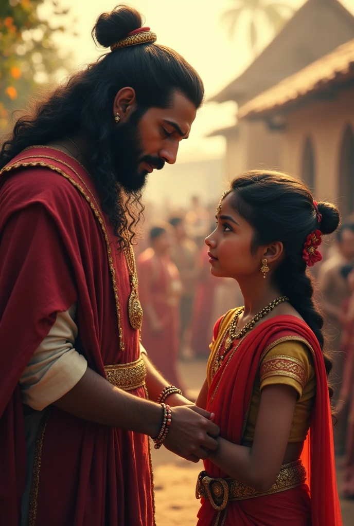 King Udayan in the Village: "King Udayan, in royal attire but with a humble demeanor, standing beside Princess Ananya in the village. The king looks proud yet emotional, as he listens to Ananya explain her actions. Villagers stand around them, watching with admiration and respect." & King feels proud of her daughter & he takes he's hand on the daughter