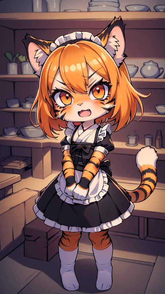 (masterpiece, High quality, Best quality, 8k, High resolution), ((chibii style, chibi cute)), ((solo, 1 kid girl)), {tiger girl, tiger face, 1 fang, long eyelashes, eyeliner} {tiger whiskers}, (((Tiger skin all over the body, Tiger stripes on the body))), (short hair, orange hair), ((Murderous look, very angry,)), ((open mouth)), orange eyes, ((from below)), (flat chest), thin arms, ((black traditional japanese long maid outfit)), {{maid hat}}, {{maid gloves, long white pantyhose}}, {{{mini tiger Tail, Tail on the back}}}, ((full body, standing, crossed legs)), home background, (blue sky, day, blur background, clouds), ((((Tora-chan no Hanayome style)))), (old anime 40s style), anime style.