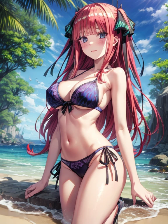 best quality, insanely detailed, nino nakano, breasts, blush, seaside background, looking at viewer, cheerful eyes, arousal, bikini tops, short Underwear, tankini, full body