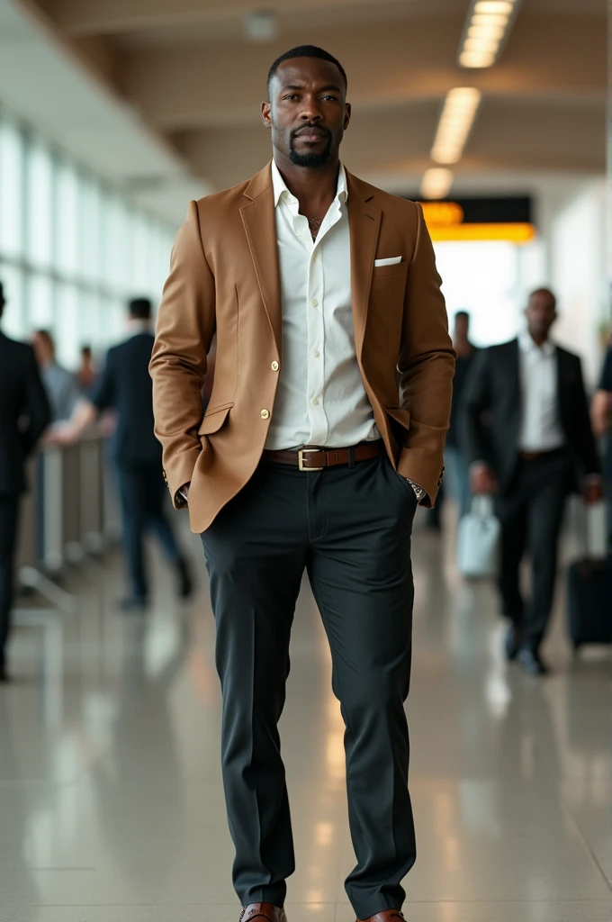 Strong forty year old black man, very elegant and sophisticated, with a goatee, linen shirt, white, Slim Italian cut genuine leather blazer jacket in coffee and sand colors, with green details, an inscription on the sleeve buttons with the letters DL Italian loafer shoes The model is at the airport check in