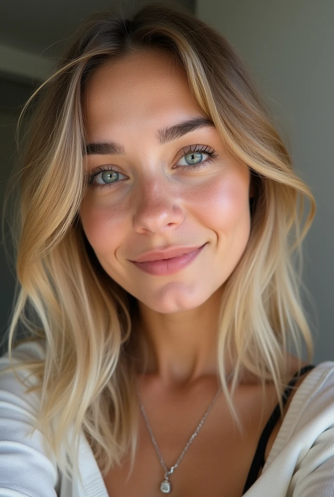 Instagram selife of a young blonde Turkish woman, 2, with a slightly rounded nose and a slightly curved jawline towards the lobes -ar 9:16 -v 5 -