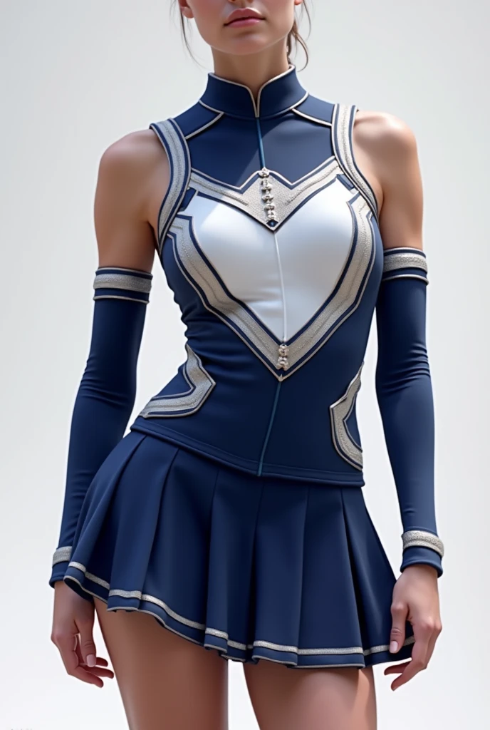 A stylish navy and white baton twirler uniform with silver detailing for women, no neckline, with long sleeves and a double short skirt
