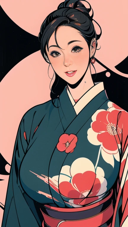 1，Japanese hairstyle，Photorealism，detailed，masterpiece，mature，((full))， (Broad shoulders), ((Huge))，（Beautiful long-sleeved kimono，Kimono，smile，masterpiece，high qualityのAn illustration,, An illustration：Zoe Mozart, pin up art byZoe Mozert, ヴィンテージpin up, ゾーイ・モザートによるAn illustration, girl pin up, pin up girl, pin upポスターガール, pin upガール, pin up, pin upガール,30 years old、high quality，Are standing，High Resolution 4K Information,Kyoto,Cherry tree,