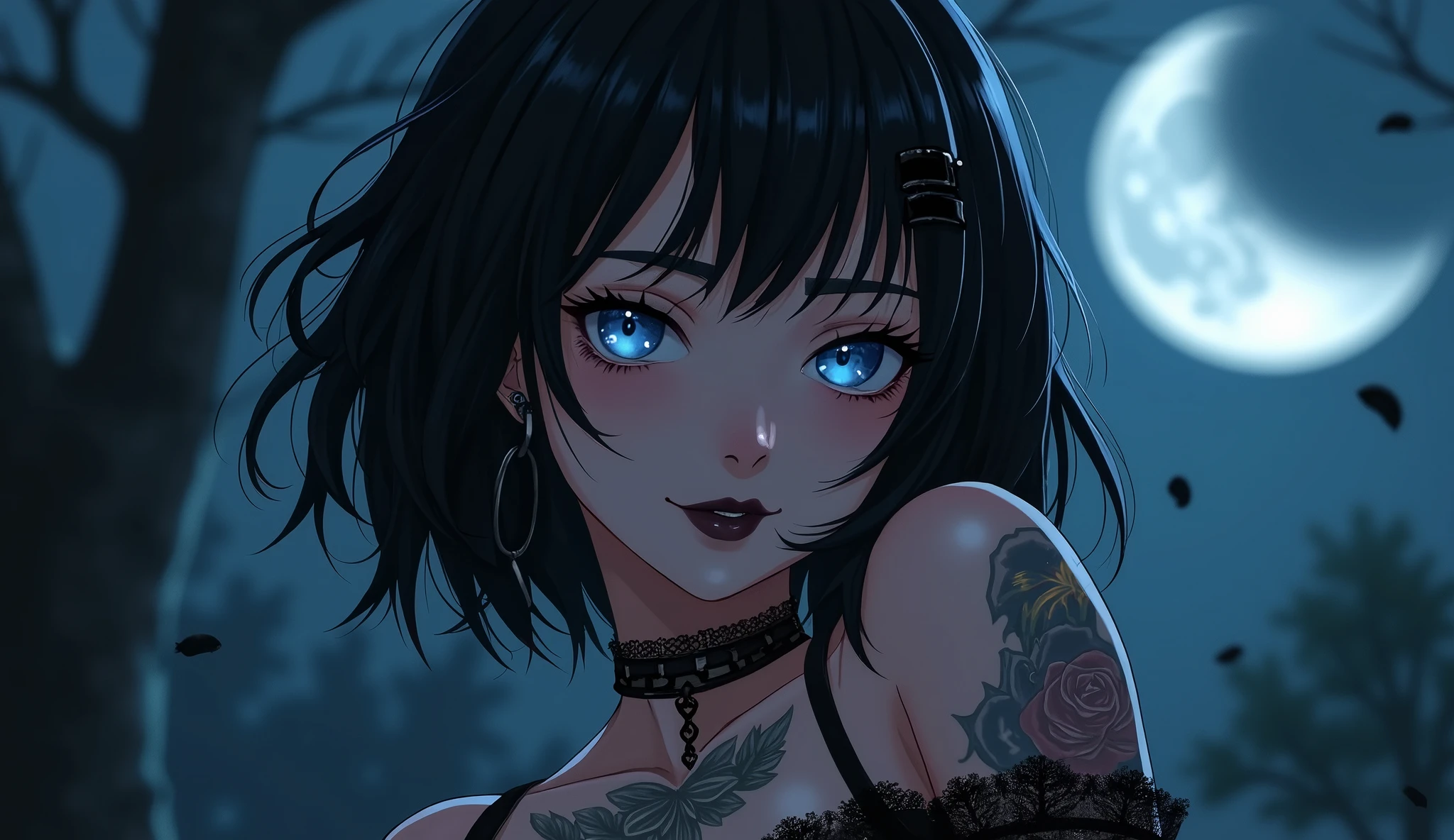 (best quality, ultra-detailed, photorealistic: 1.39), bright and vibrant colors, studio lighting, romantic expression, An effeminate girl, with a delicate and beautiful face. She is a girl who reflects seductive beauty, sparkling eyes, dark gothic makeup, dark gothic punk style, gothic healed woman, A Beautiful and adult tattooed woman and voluminous bob dark gothic black hair, hair clip, crying a seductive 2 woman with big breasts seduces, matches the gothic makeup, with her large breasts seduces, gothic style sexy lingerie, horny goth, expression of excitement, gothic sexy panties, masochistic goth, black sexy lingerie, chained, with her blue eyes that matches her soft smile, black gothic style, in a beautiful pose demonstrating her seduction in the park at night, dark, nervous lighting, moon,, haunted gothic party, night with soft lighting, anime style, like a manwha character