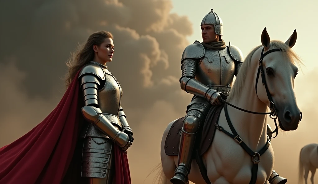 A dark, cinematic composition showing Joan of Arc on the left, in a heroic pose with her armor shining and a banner fluttering, framed by a dramatic background of smoke and shadows. On the right, Henry V of England appears riding his majestic warhorse, wearing detailed armor and an expression of determination, with a dark background highlighting the chaos of battle. The contrast between the two leaders underscores the tension and conflict of the time. The image captures the intensity and drama of their opposing roles in the war., Surrealism, Hyperrealism, UHD, retina, masterpiece, accurate, anatomically correct, textured skin, super detail, 16k