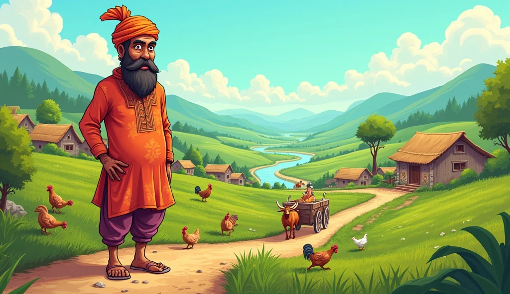 Create an cartoon image of a village and one farmer man wearing kurta and pyjama