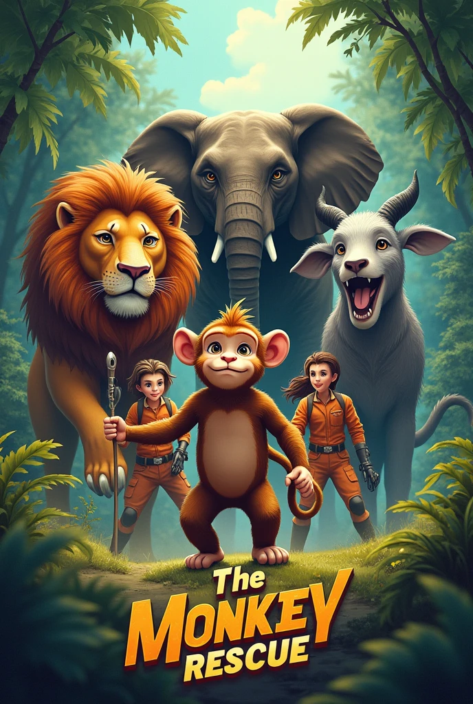 A cover that says THE MONKEY RESCUE in the center and adds a monkey, a lion, an elephant and 3 rescuers