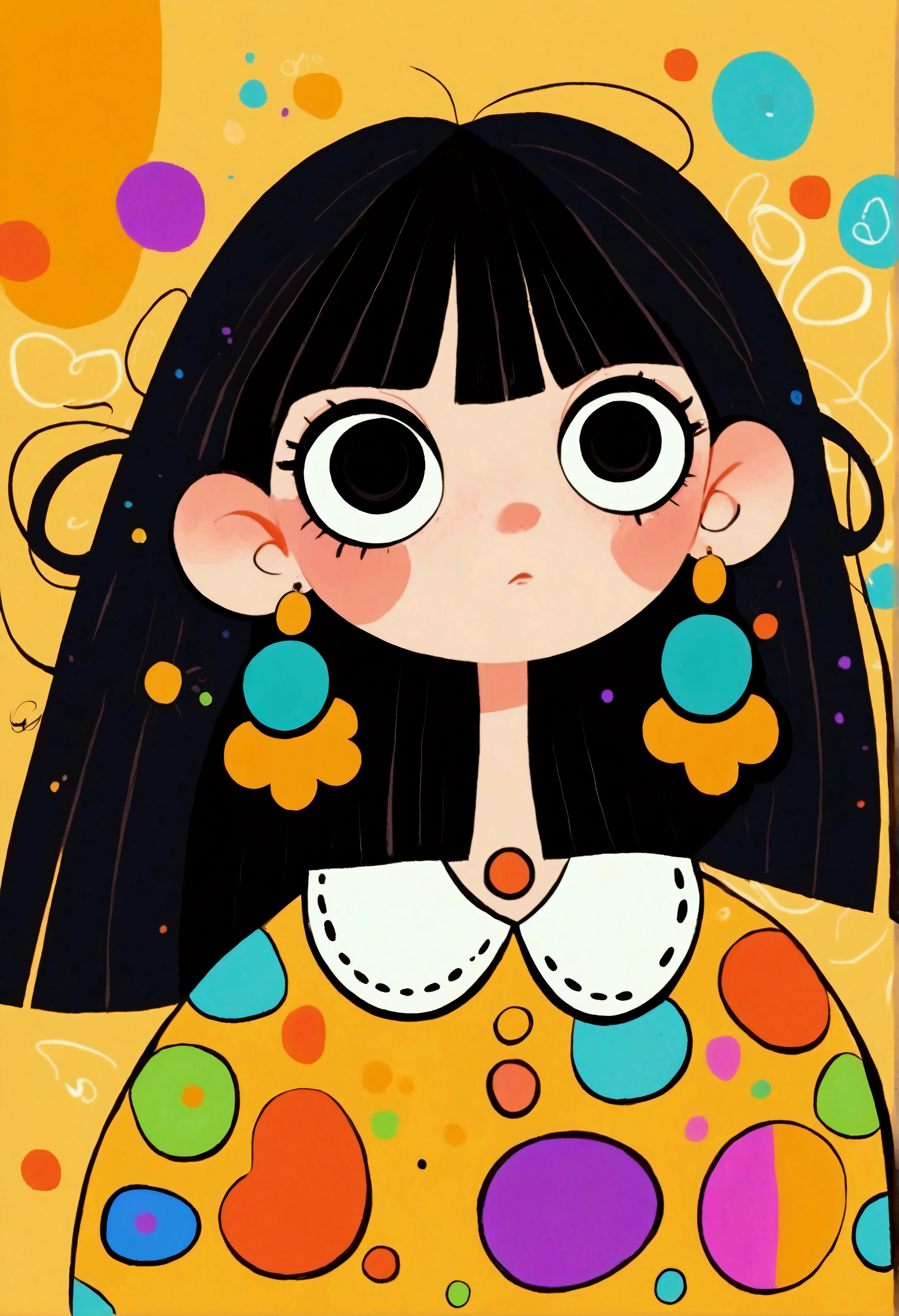 Flat Wind，Vector，Childish art cartoon，Cartoon girl with black hair and big earrings,big eyes，Cute expression，Bangs，Minimalism， White collar，Lovely art style, rich and colorful! Digital illustration style, The art of math. rich and colorful comic, Hand drawn cartoon art style，Solid color background，Black Lines