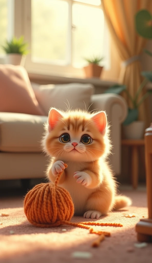 "A fluffy kitten with wide, curious eyes playing with a ball of yarn in a cozy living room. Sunlight streams through the window, casting a warm glow on the scene."