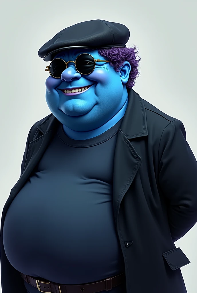 A man with blue skin, plump, wearing round black sunglasses, wearing a black coat, wearing a black short hat, smiling all the time, likes to put his hands behind his back, 40 years old, short curly hair reaching the neck, black-purple.