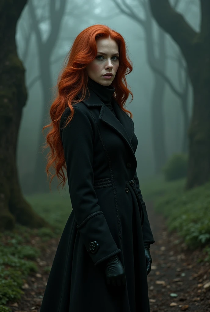 Marina Ruy Barbosa redhead long hair and black coat with gloves entering the haunted forest