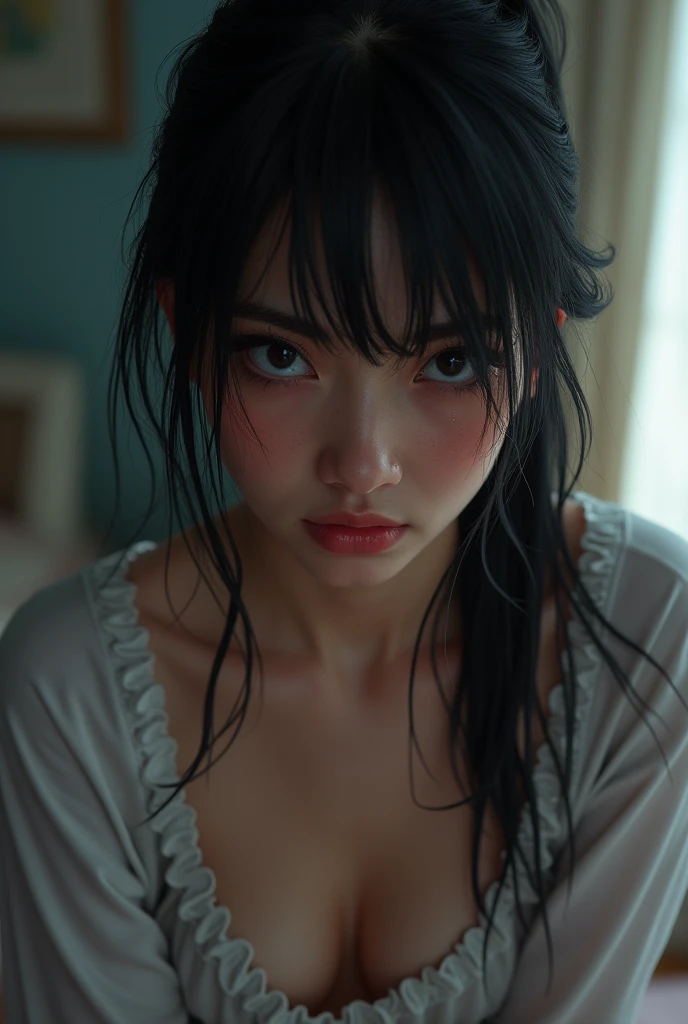 ebellious 1 with black hair in a ponytail, sweaty, wearing pajamas, showing an angry expression, in her room, highly detailed, realistic lighting, intimate atmosphere, emotional portrait, hyperrealistic, 4k resolution