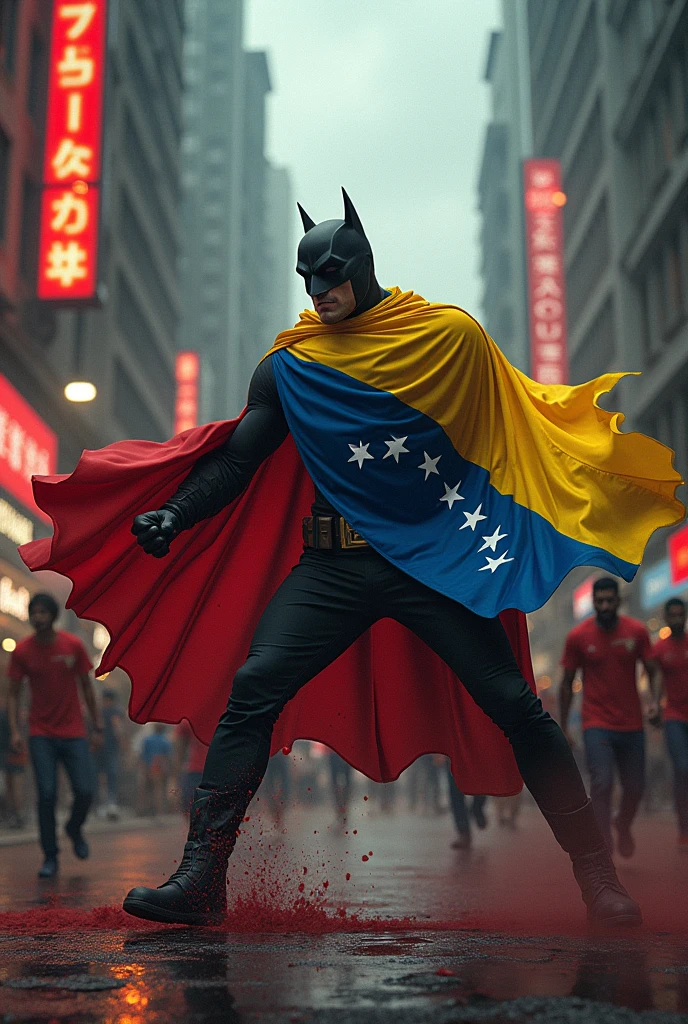 Venezuelan Batman with a cape in the color of the Venezuelan flag fighting with men in red shirts and red drops flying with the blow