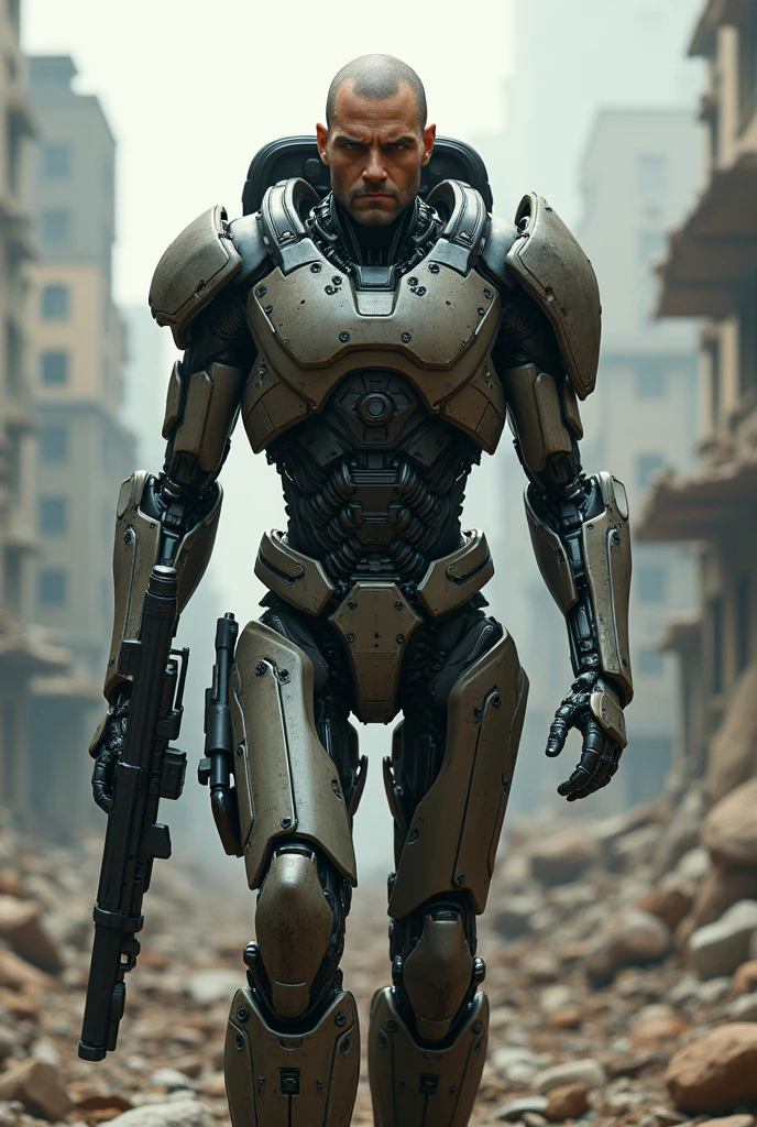(Photorealism:1.2), human cyborg in war zone