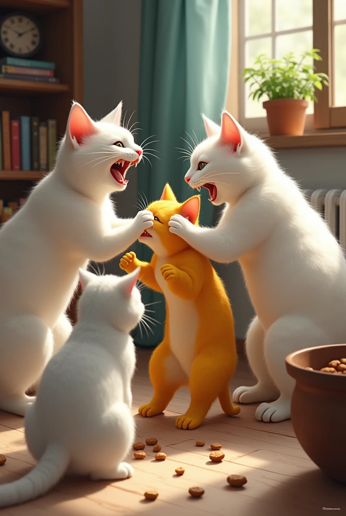 White cat watches from a distance three white cats fight with a yellow cat, There is cat food on the floor