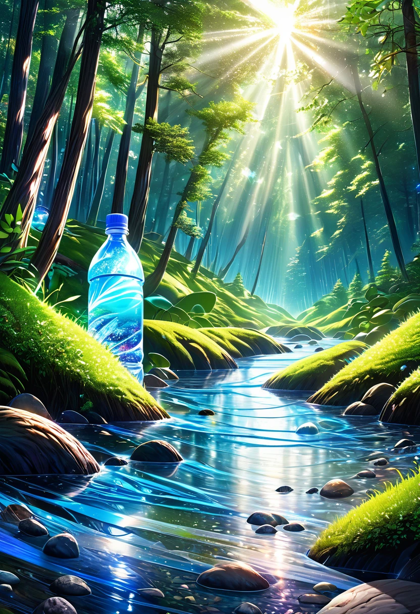 plastic bottle art, combining various plastic bottles to express the importance of nature, forests, streams, riverbanks, mountains, clean water, blue skies, sun, neon lines, (ultra detailed, absolutely resolution, best quality:1.3), 2.5D, delicate and dynamic effects, iridescent glitter effects, artistic photography, hyper realistic, graphic CG digital art, conceptual installation art