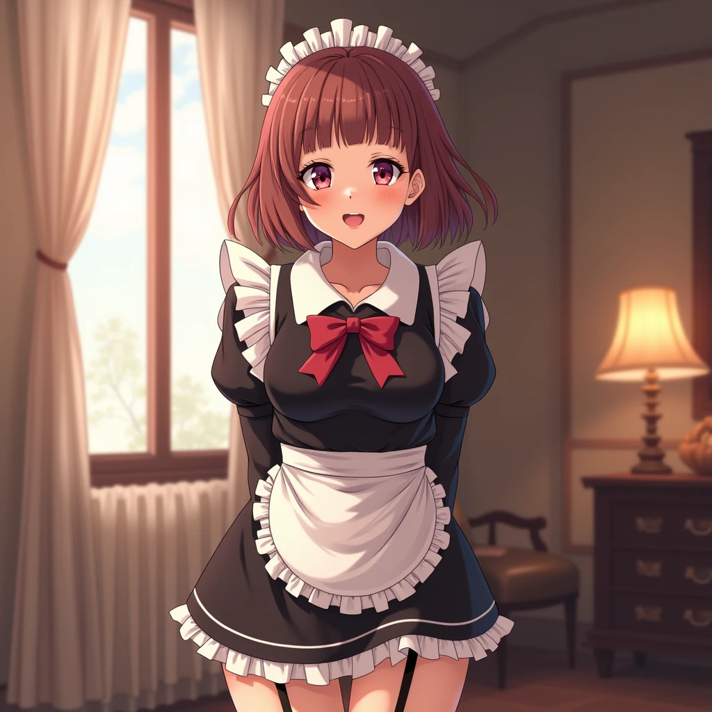 masterpiece, Best Quality, High resolution, after 1, Chika Fujiwara, maid dress, old, Red ribbon, blunt bangs, large old, cowboy shot, smile, inside, pose sexy, chest out, maid, meidofuku, black maid dress, approved, maid approved, mini skirt, garter strap, media, hands behind,