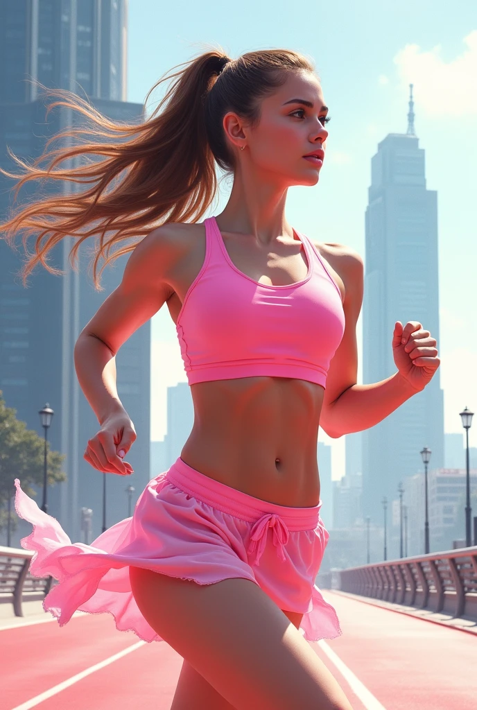 1 girl, solo, running, pink bra, big boobs, big ass, pink shorts, ponytail, athletic build, dynamic brushstrokes, fluid movement, capturing the essence of her athleticism and energy, using light colors and soft tones to create a dreamy and ethereal atmosphere, portraying the motion and grace of running, showing the wind blowing her ponytail and clothes, and the scenery of her surroundings.

outdoors, detailed background, Modern metropolis,