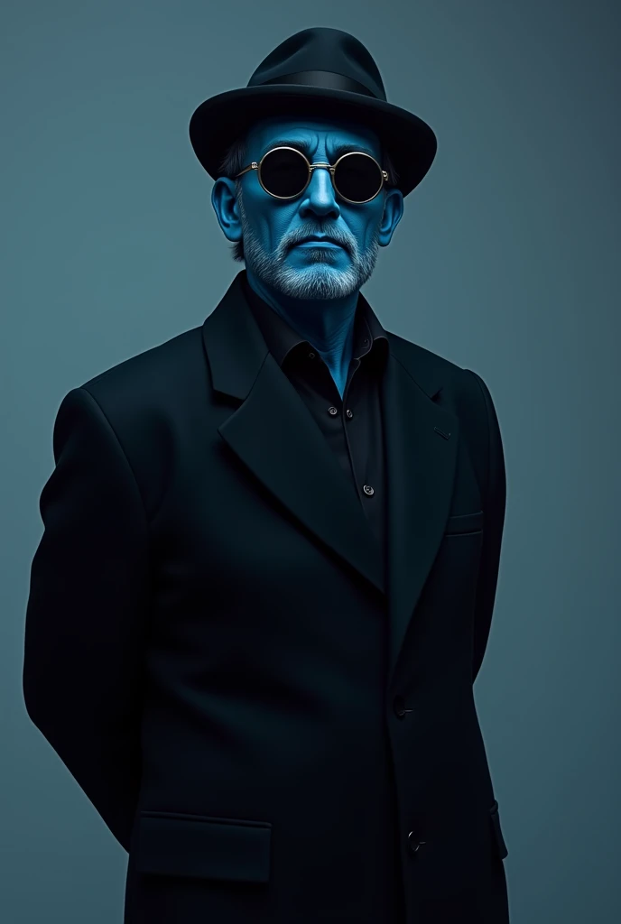 A man with blue skin, wearing round black sunglasses, wearing a black coat, wearing a black short hat, smiling all the time, likes to put his hands behind his back, 40 years old, short curly hair reaching the neck, black-purple.