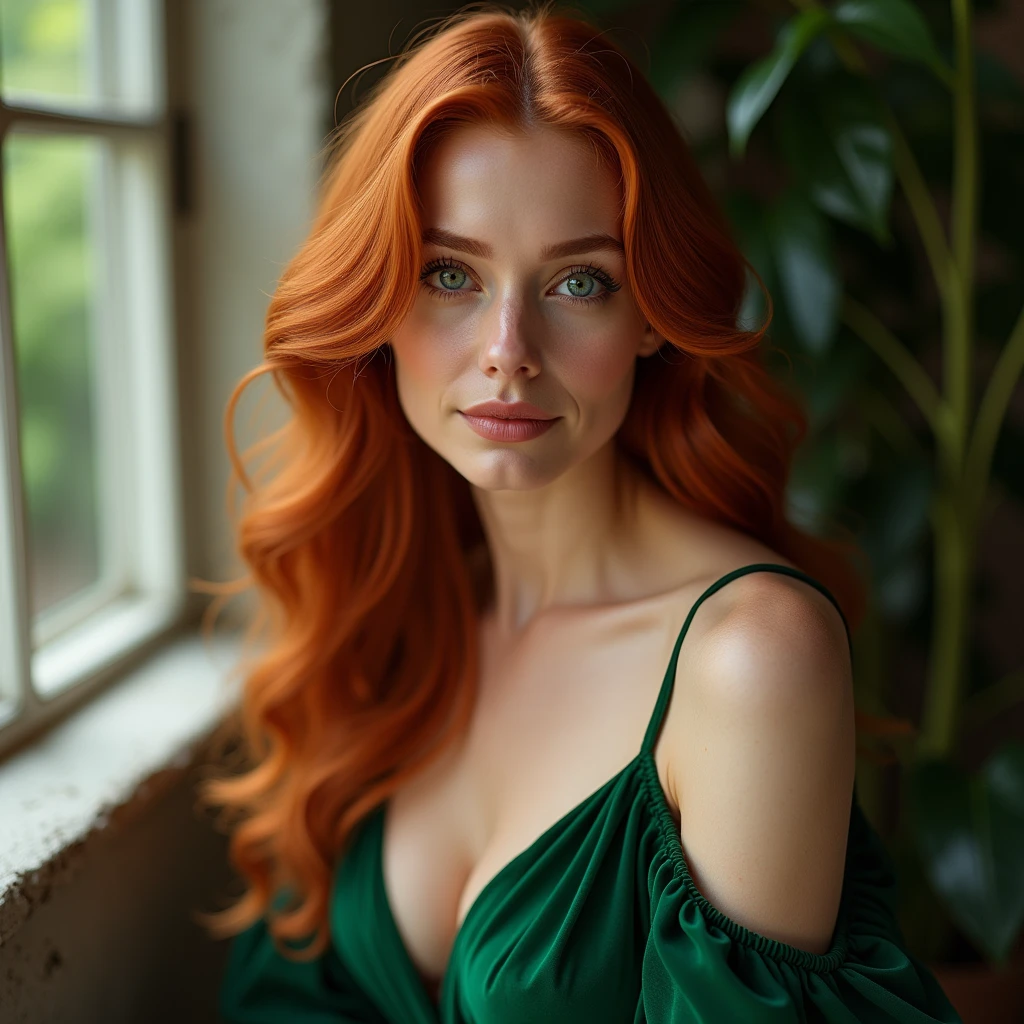 High Definition, (better detail) (Best Quality), Redhead woman posing for a photo with long red hair and green dress, mature and beautiful, Natural light and shadow